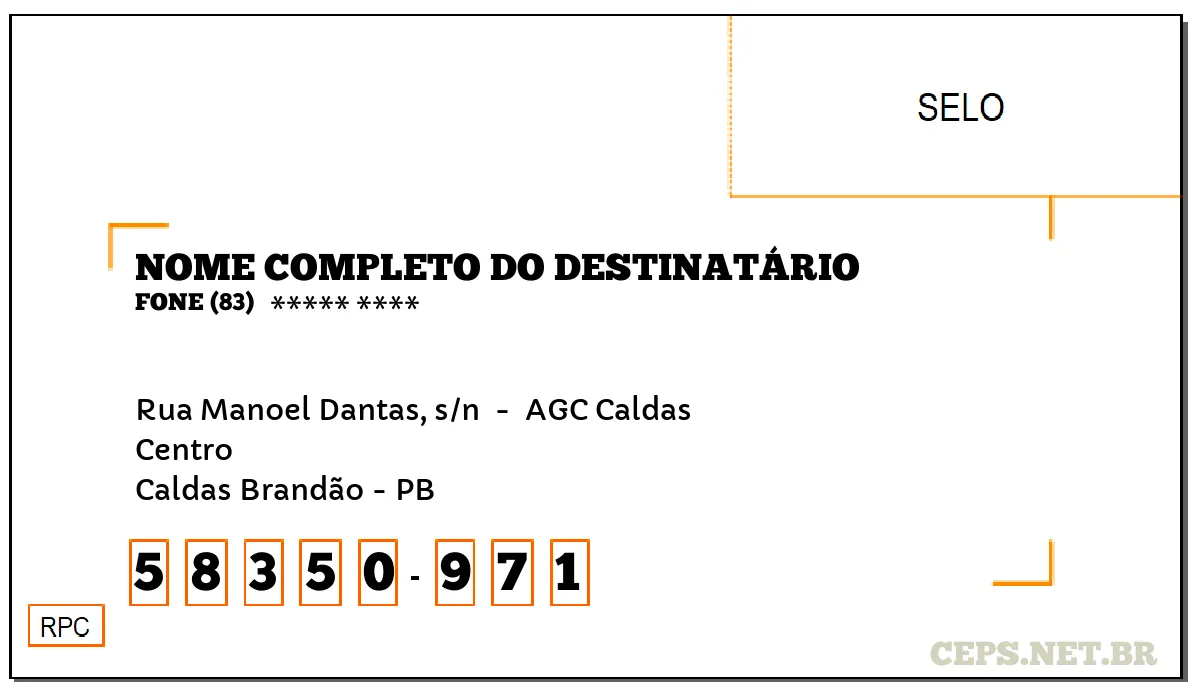 CEP CALDAS BRANDÃO - PB, DDD 83, CEP 58350971, RUA MANOEL DANTAS, S/N , BAIRRO CENTRO.