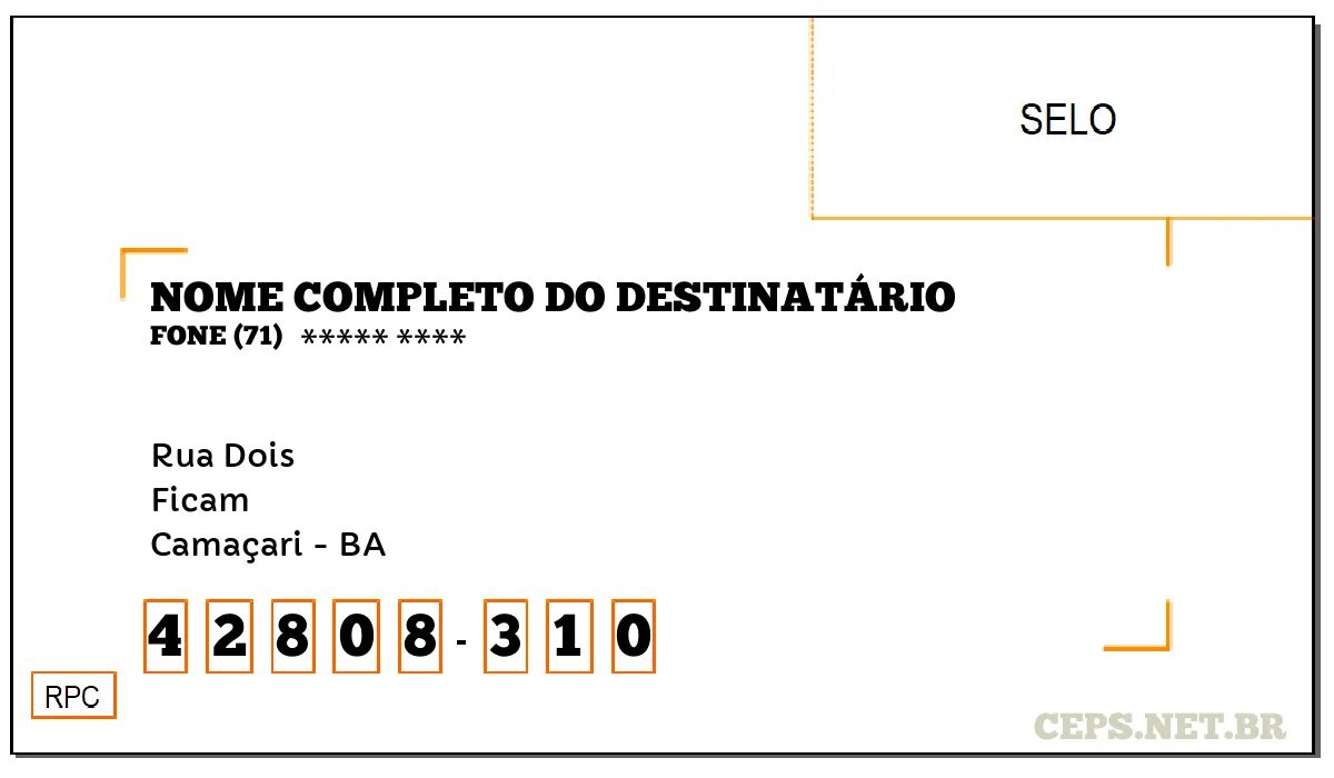 CEP CAMAÇARI - BA, DDD 71, CEP 42808310, RUA DOIS, BAIRRO FICAM.