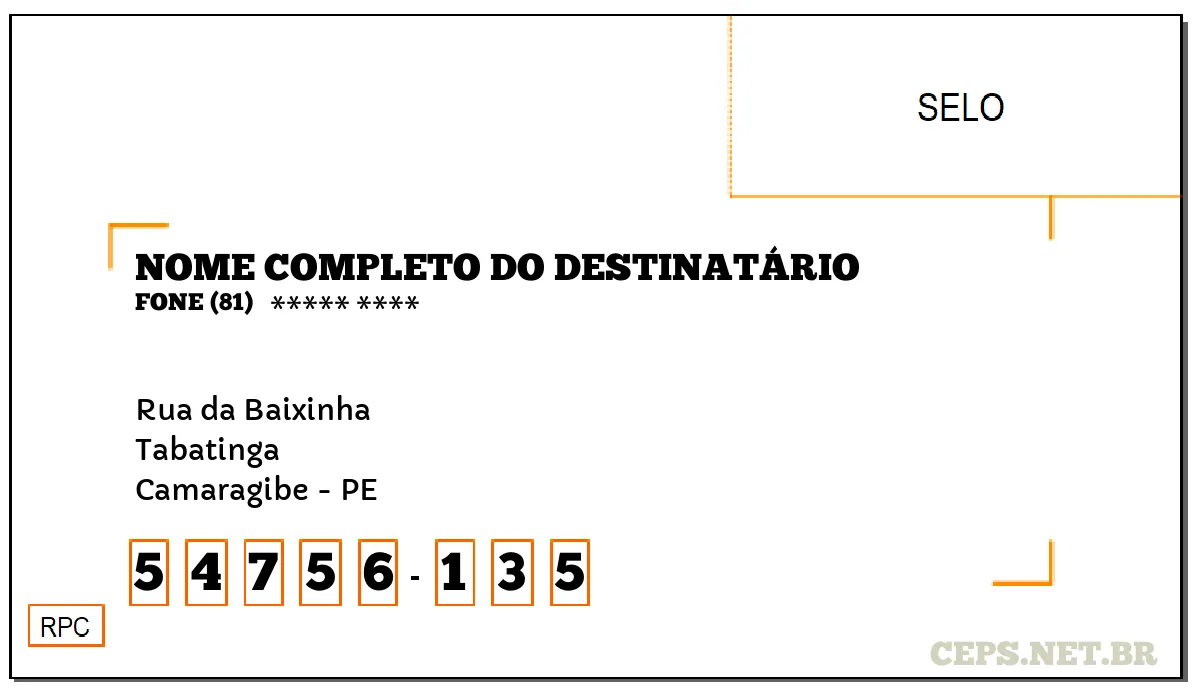 CEP CAMARAGIBE - PE, DDD 81, CEP 54756135, RUA DA BAIXINHA, BAIRRO TABATINGA.