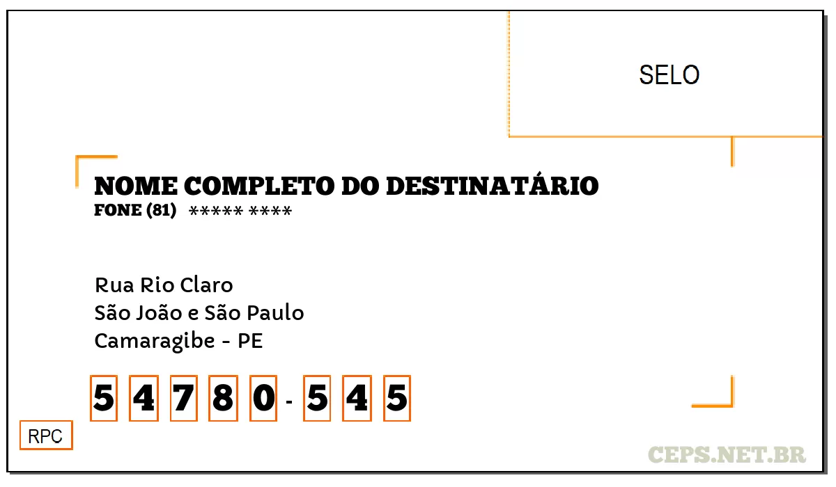 CEP CAMARAGIBE - PE, DDD 81, CEP 54780545, RUA RIO CLARO, BAIRRO SÃO JOÃO E SÃO PAULO.