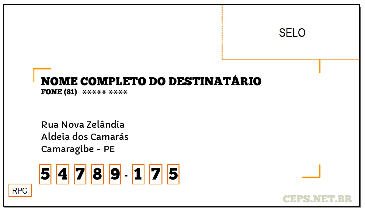 CEP CAMARAGIBE - PE, DDD 81, CEP 54789175, RUA NOVA ZELÂNDIA, BAIRRO ALDEIA DOS CAMARÁS.