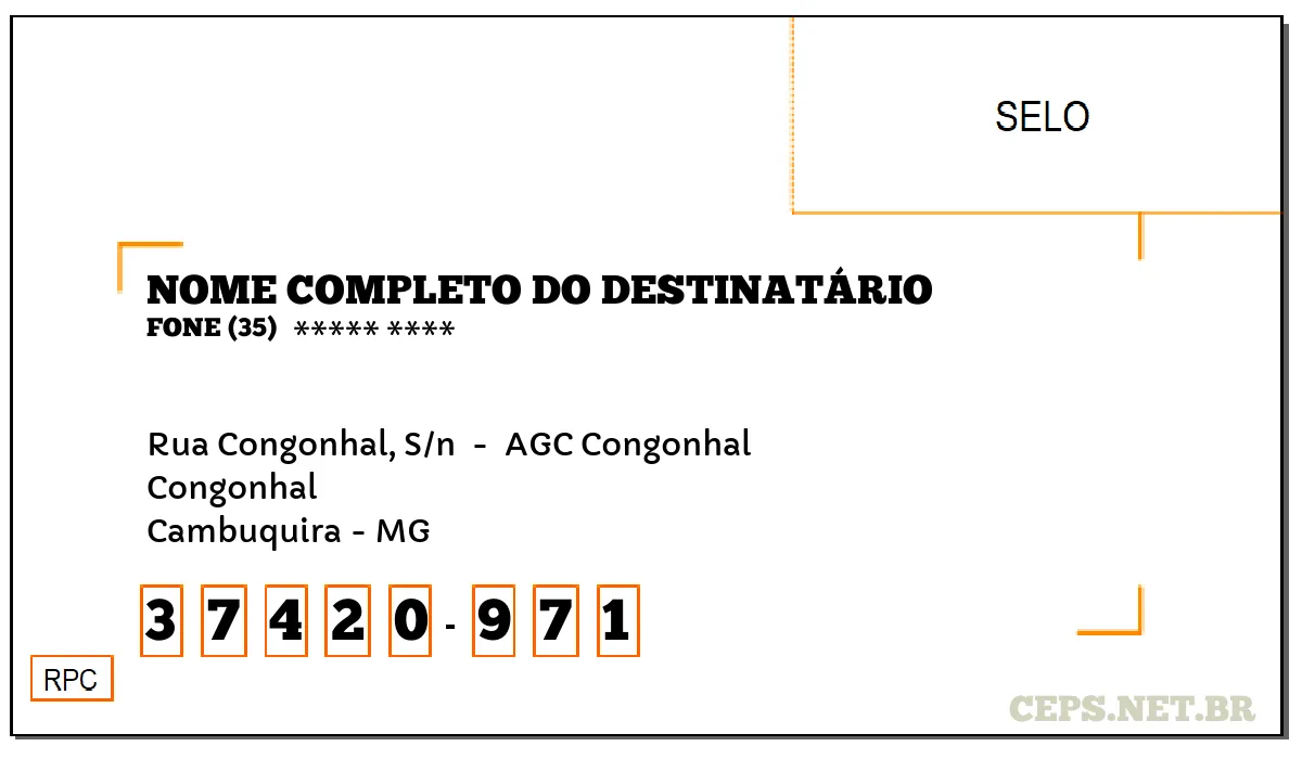 CEP CAMBUQUIRA - MG, DDD 35, CEP 37420971, RUA CONGONHAL, S/N , BAIRRO CONGONHAL.