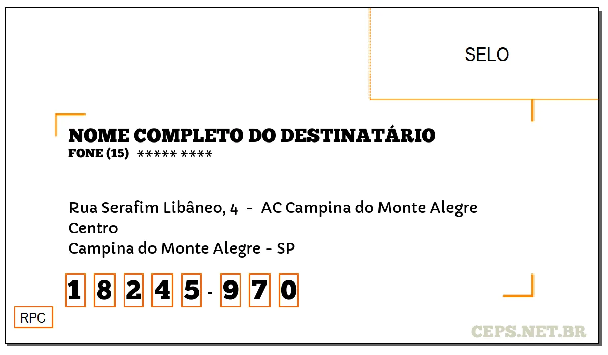 CEP CAMPINA DO MONTE ALEGRE - SP, DDD 15, CEP 18245970, RUA SERAFIM LIBÂNEO, 4 , BAIRRO CENTRO.