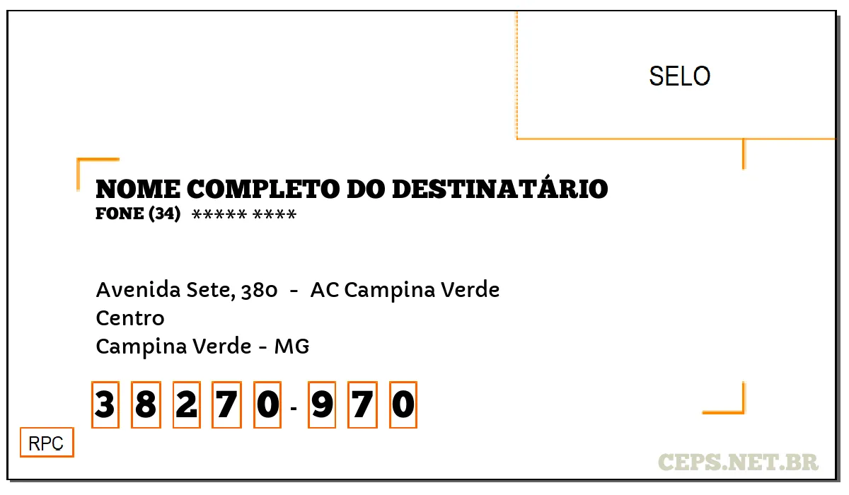 CEP CAMPINA VERDE - MG, DDD 34, CEP 38270970, AVENIDA SETE, 380 , BAIRRO CENTRO.