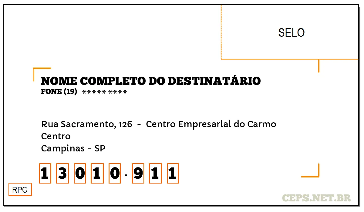 CEP CAMPINAS - SP, DDD 19, CEP 13010911, RUA SACRAMENTO, 126 , BAIRRO CENTRO.