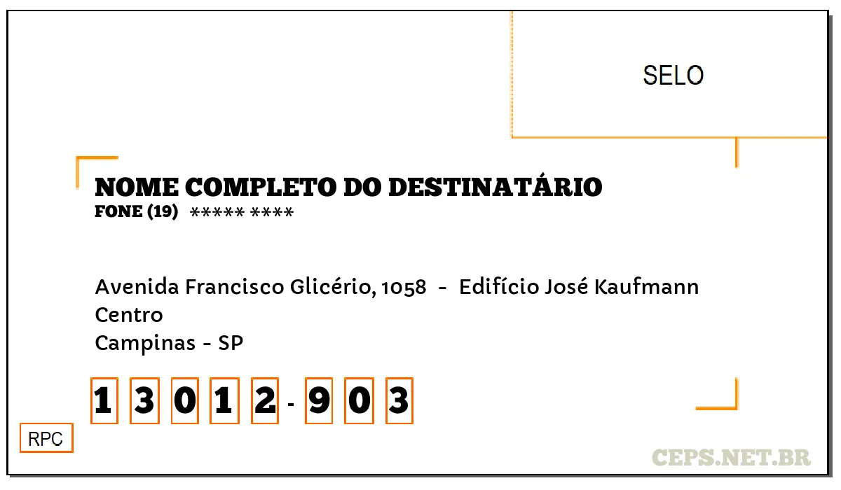 CEP CAMPINAS - SP, DDD 19, CEP 13012903, AVENIDA FRANCISCO GLICÉRIO, 1058 , BAIRRO CENTRO.