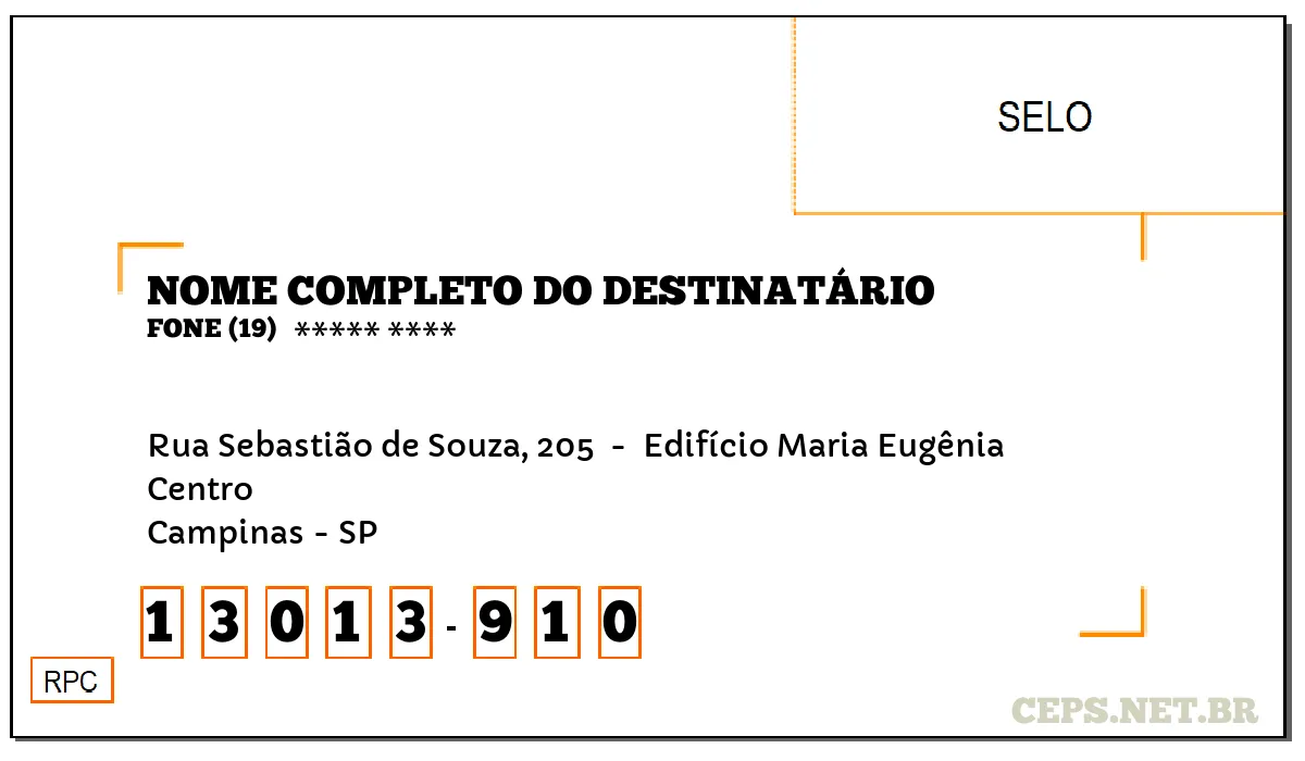 CEP CAMPINAS - SP, DDD 19, CEP 13013910, RUA SEBASTIÃO DE SOUZA, 205 , BAIRRO CENTRO.