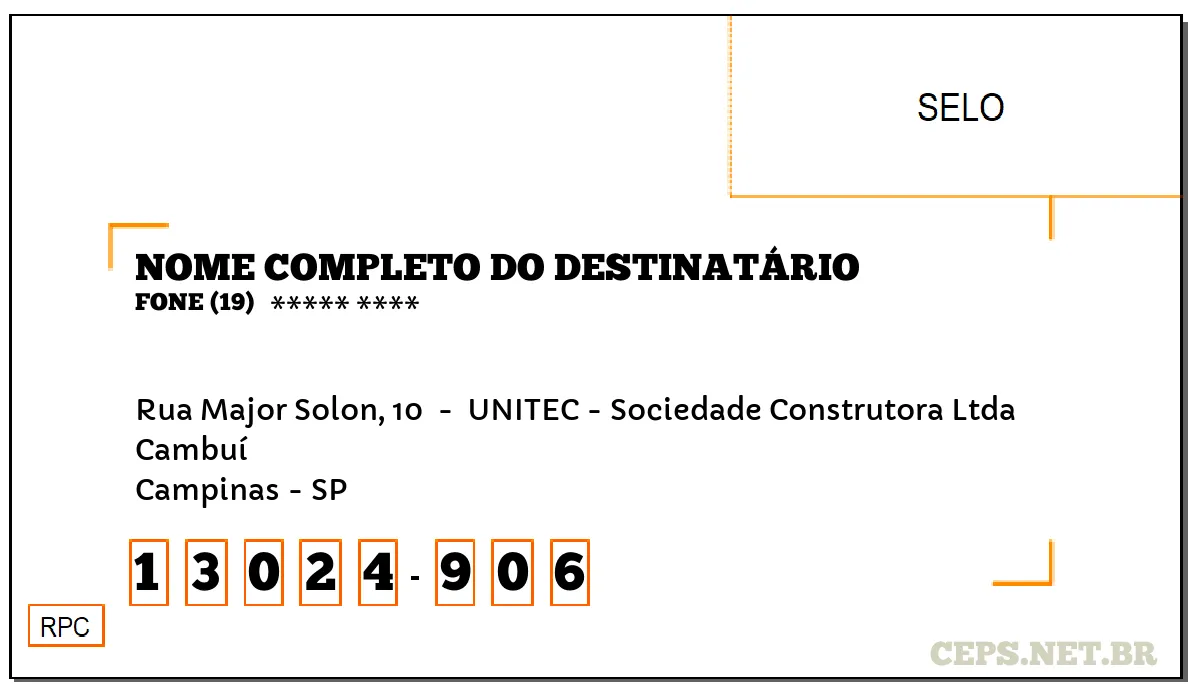 CEP CAMPINAS - SP, DDD 19, CEP 13024906, RUA MAJOR SOLON, 10 , BAIRRO CAMBUÍ.