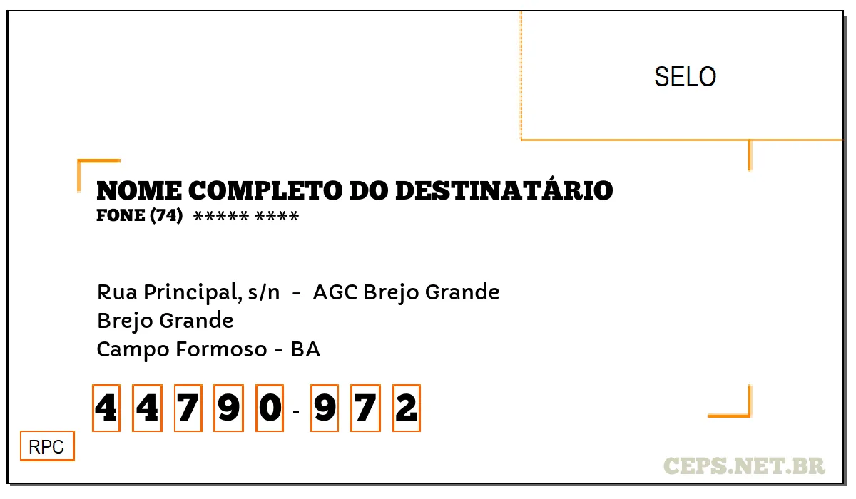 CEP CAMPO FORMOSO - BA, DDD 74, CEP 44790972, RUA PRINCIPAL, S/N , BAIRRO BREJO GRANDE.