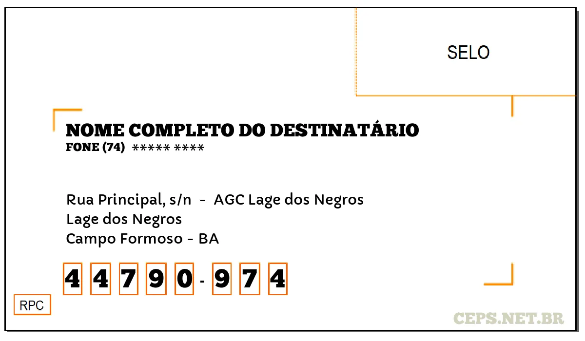 CEP CAMPO FORMOSO - BA, DDD 74, CEP 44790974, RUA PRINCIPAL, S/N , BAIRRO LAGE DOS NEGROS.