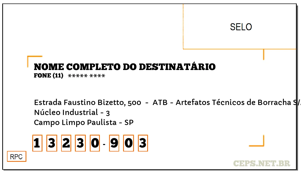 CEP CAMPO LIMPO PAULISTA - SP, DDD 11, CEP 13230903, ESTRADA FAUSTINO BIZETTO, 500 , BAIRRO NÚCLEO INDUSTRIAL - 3.