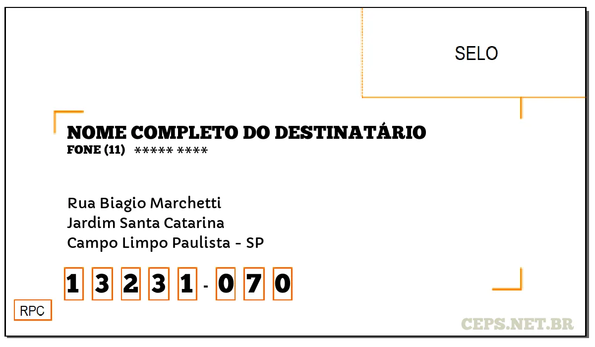 CEP CAMPO LIMPO PAULISTA - SP, DDD 11, CEP 13231070, RUA BIAGIO MARCHETTI, BAIRRO JARDIM SANTA CATARINA.