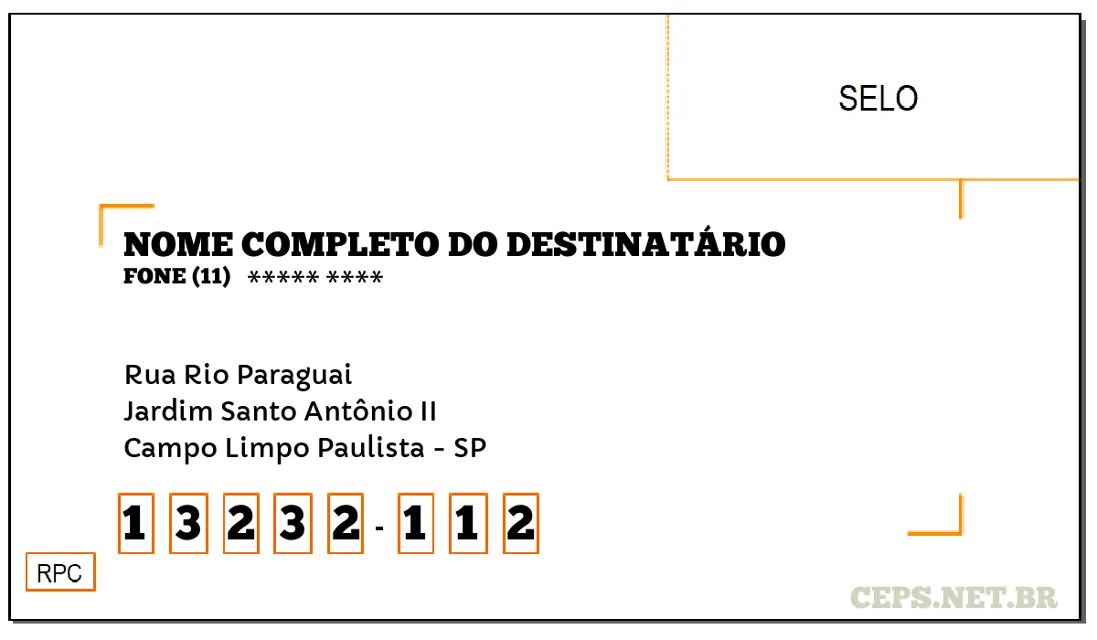 CEP CAMPO LIMPO PAULISTA - SP, DDD 11, CEP 13232112, RUA RIO PARAGUAI, BAIRRO JARDIM SANTO ANTÔNIO II.