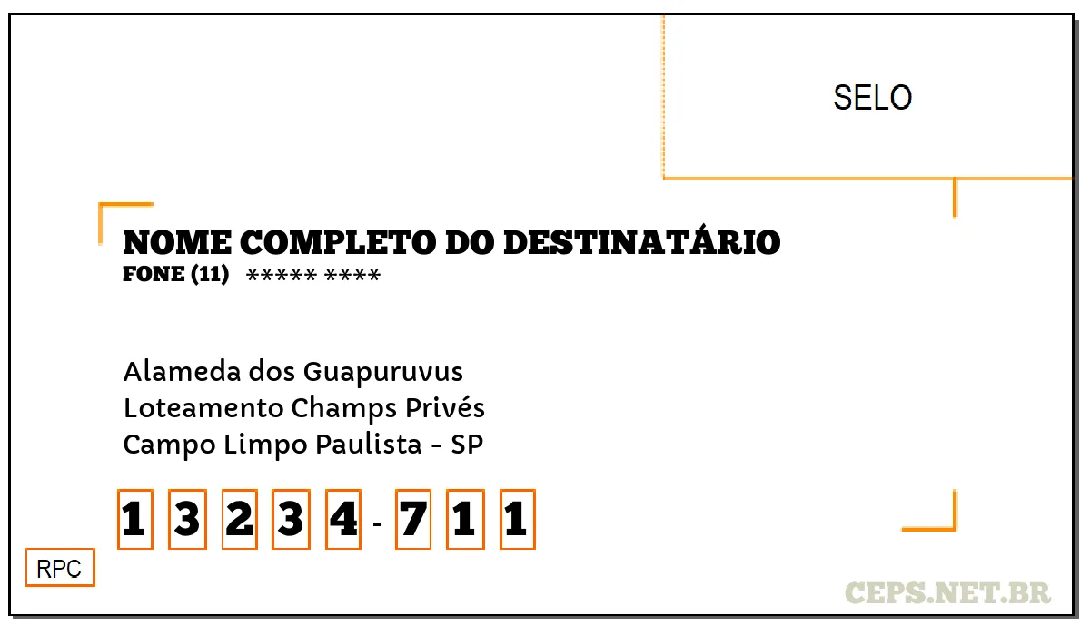 CEP CAMPO LIMPO PAULISTA - SP, DDD 11, CEP 13234711, ALAMEDA DOS GUAPURUVUS, BAIRRO LOTEAMENTO CHAMPS PRIVÉS.