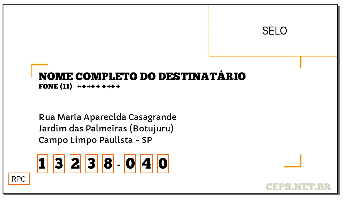 CEP CAMPO LIMPO PAULISTA - SP, DDD 11, CEP 13238040, RUA MARIA APARECIDA CASAGRANDE, BAIRRO JARDIM DAS PALMEIRAS (BOTUJURU).