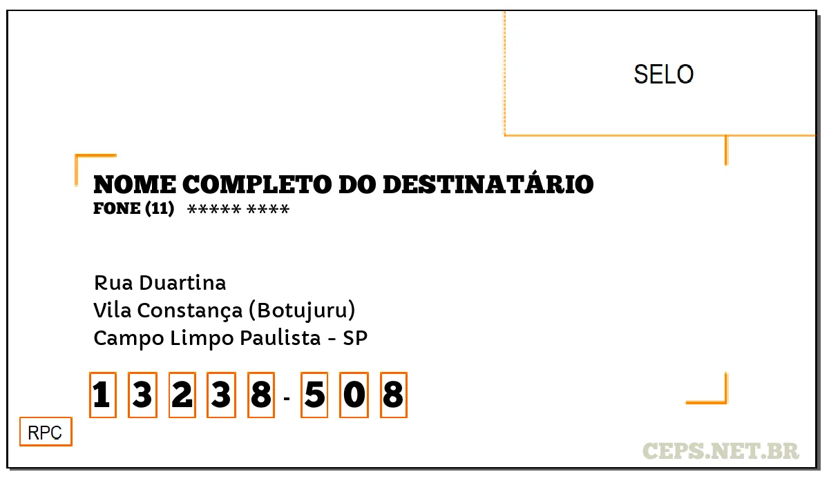 CEP CAMPO LIMPO PAULISTA - SP, DDD 11, CEP 13238508, RUA DUARTINA, BAIRRO VILA CONSTANÇA (BOTUJURU).