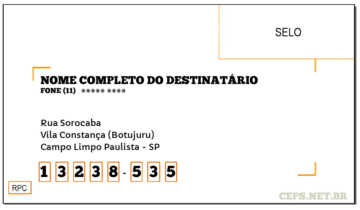 CEP CAMPO LIMPO PAULISTA - SP, DDD 11, CEP 13238535, RUA SOROCABA, BAIRRO VILA CONSTANÇA (BOTUJURU).