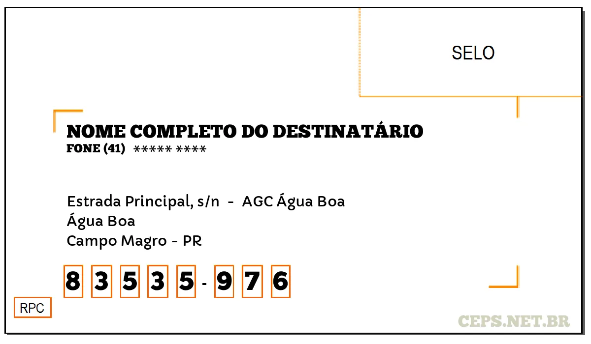 CEP CAMPO MAGRO - PR, DDD 41, CEP 83535976, ESTRADA PRINCIPAL, S/N , BAIRRO ÁGUA BOA.