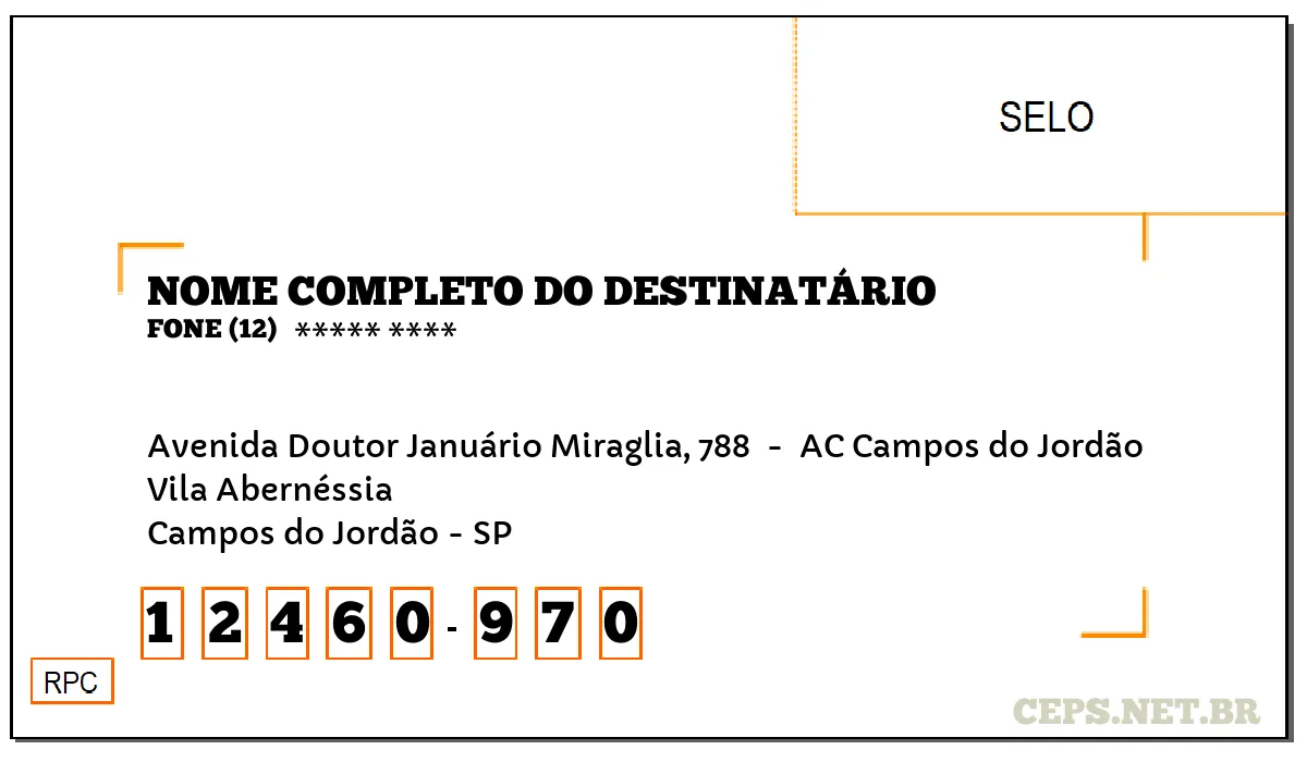 CEP CAMPOS DO JORDÃO - SP, DDD 12, CEP 12460970, AVENIDA DOUTOR JANUÁRIO MIRAGLIA, 788 , BAIRRO VILA ABERNÉSSIA.