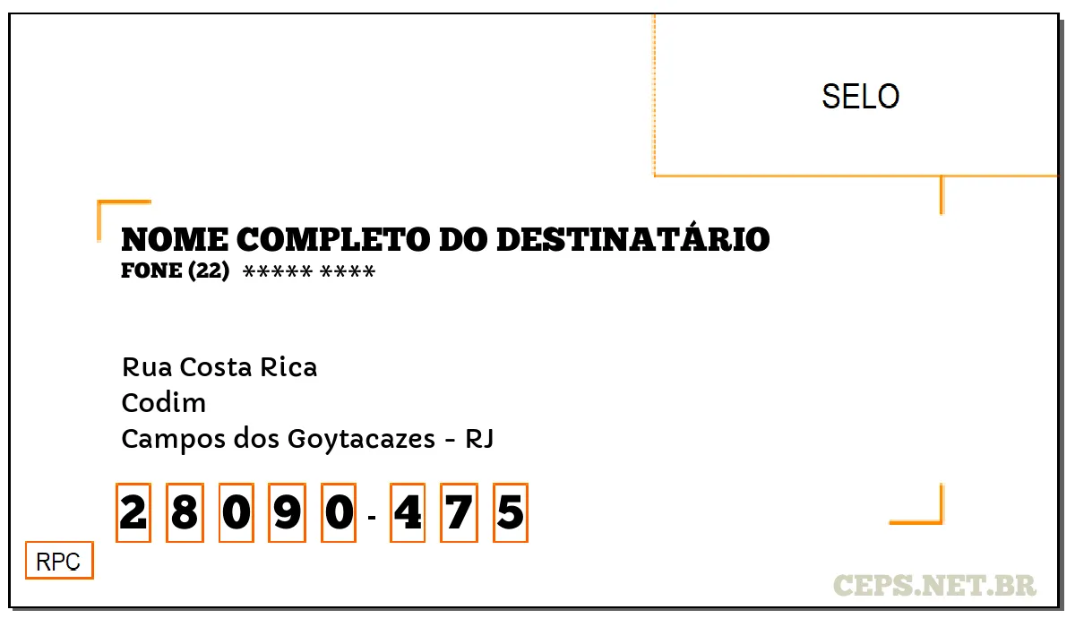 CEP CAMPOS DOS GOYTACAZES - RJ, DDD 22, CEP 28090475, RUA COSTA RICA, BAIRRO CODIM.