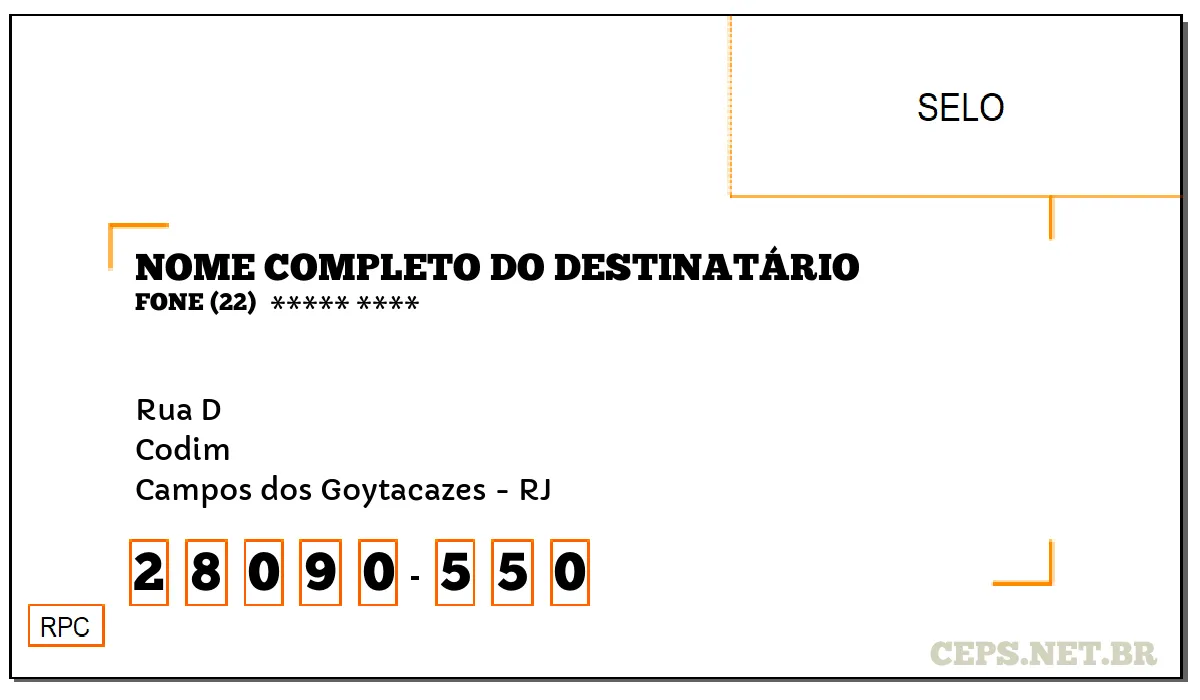 CEP CAMPOS DOS GOYTACAZES - RJ, DDD 22, CEP 28090550, RUA D, BAIRRO CODIM.