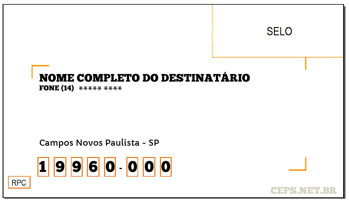 CEP CAMPOS NOVOS PAULISTA - SP, DDD 14, CEP 19960000, , BAIRRO .