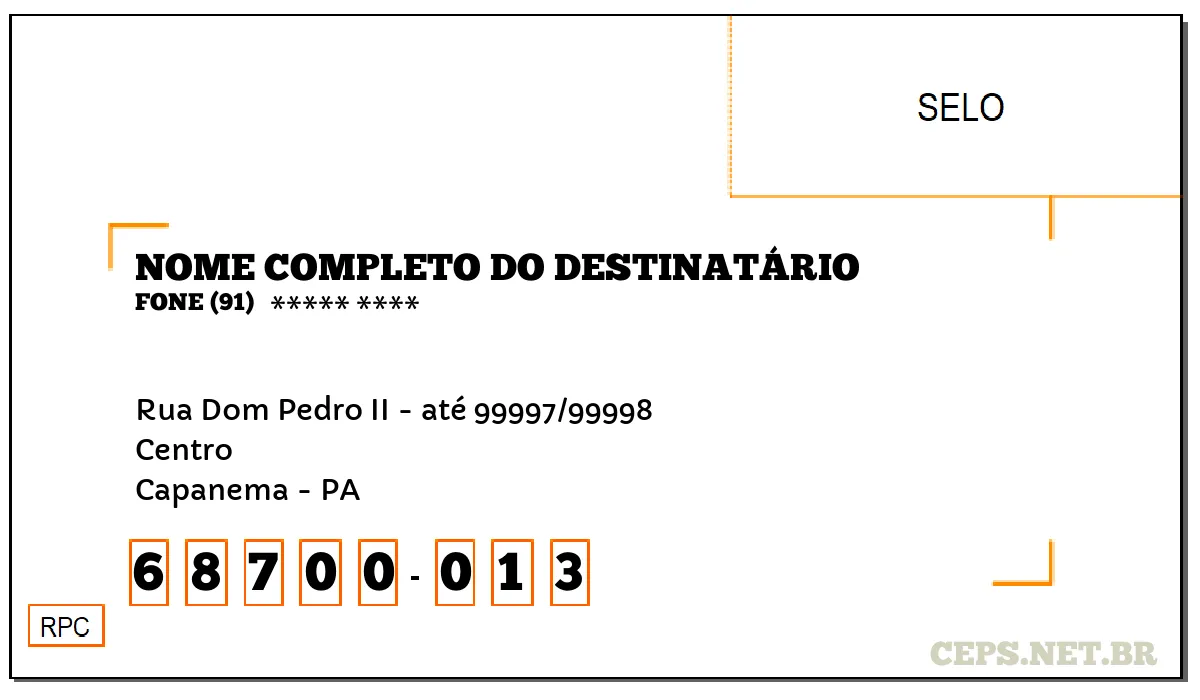 CEP CAPANEMA - PA, DDD 91, CEP 68700013, RUA DOM PEDRO II - ATÉ 99997/99998, BAIRRO CENTRO.