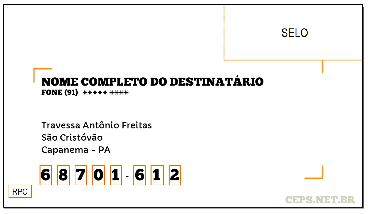 CEP CAPANEMA - PA, DDD 91, CEP 68701612, TRAVESSA ANTÔNIO FREITAS, BAIRRO SÃO CRISTÓVÃO.