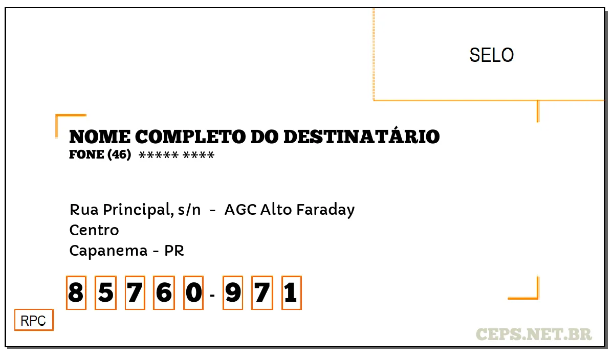 CEP CAPANEMA - PR, DDD 46, CEP 85760971, RUA PRINCIPAL, S/N , BAIRRO CENTRO.