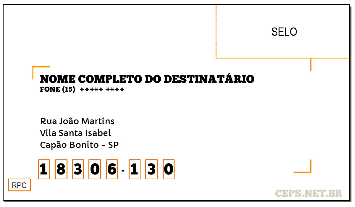 CEP CAPÃO BONITO - SP, DDD 15, CEP 18306130, RUA JOÃO MARTINS, BAIRRO VILA SANTA ISABEL.