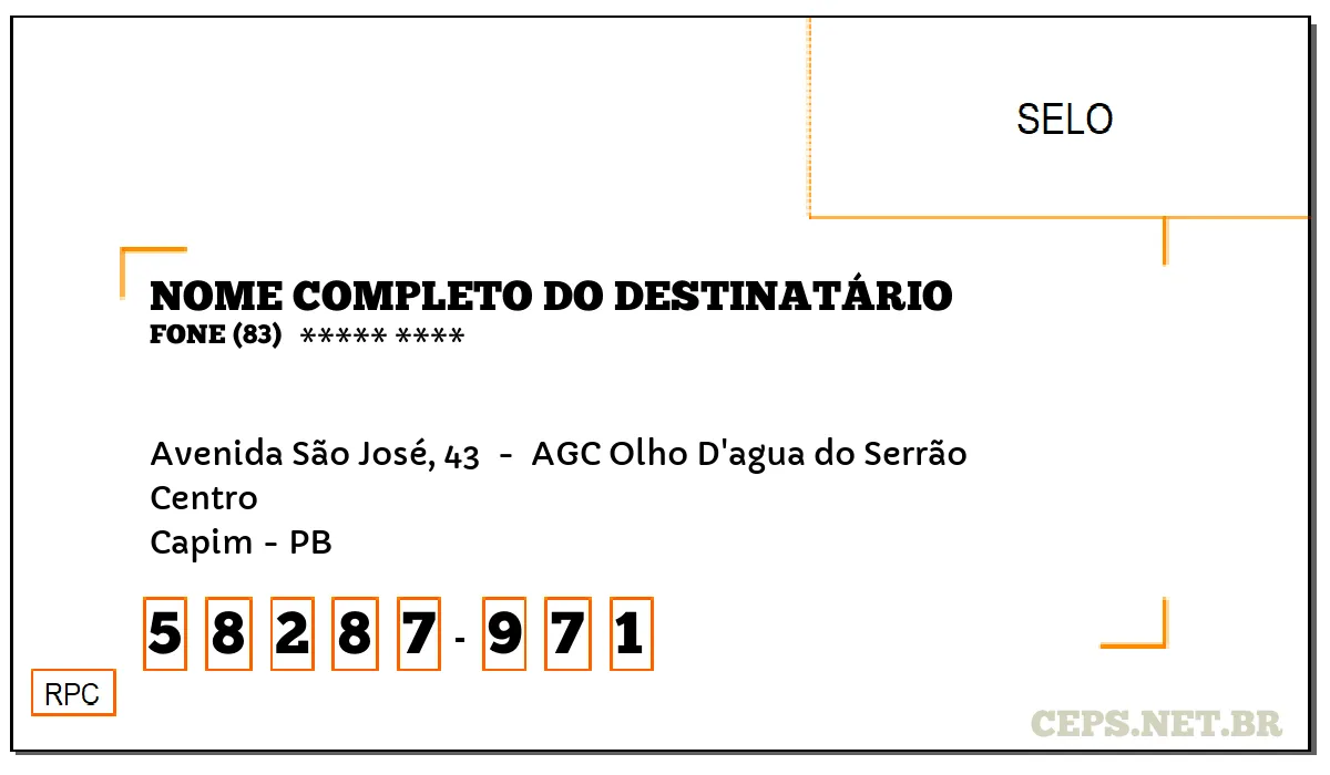 CEP CAPIM - PB, DDD 83, CEP 58287971, AVENIDA SÃO JOSÉ, 43 , BAIRRO CENTRO.