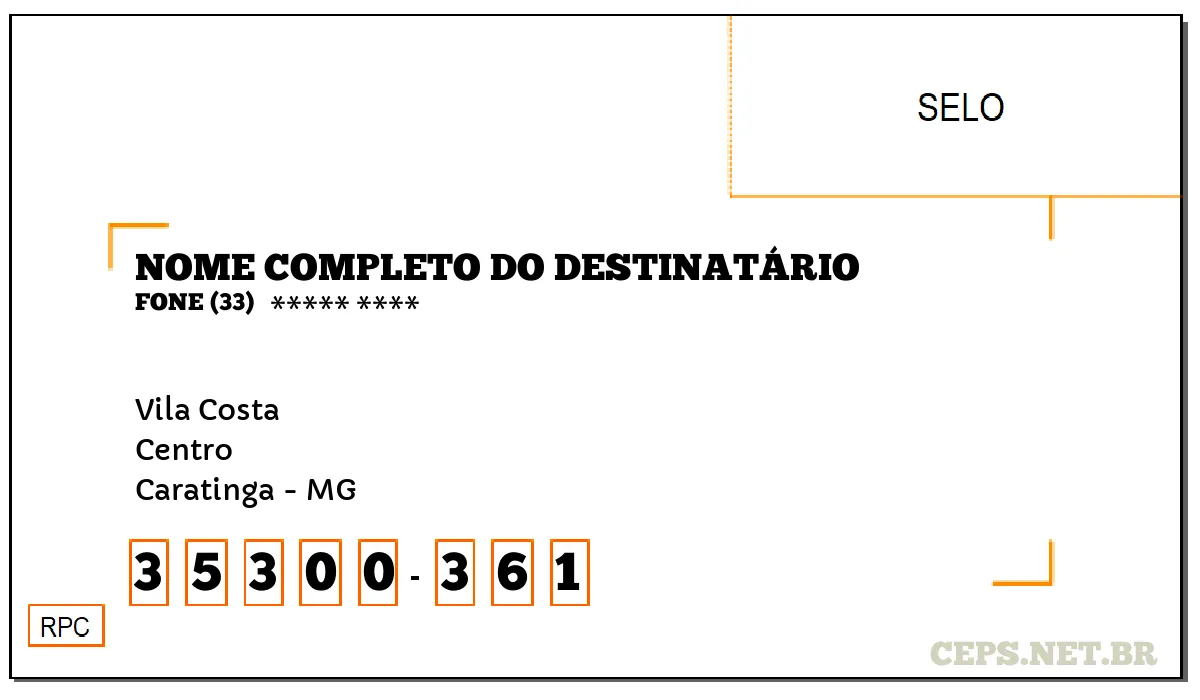 CEP CARATINGA - MG, DDD 33, CEP 35300361, VILA COSTA, BAIRRO CENTRO.