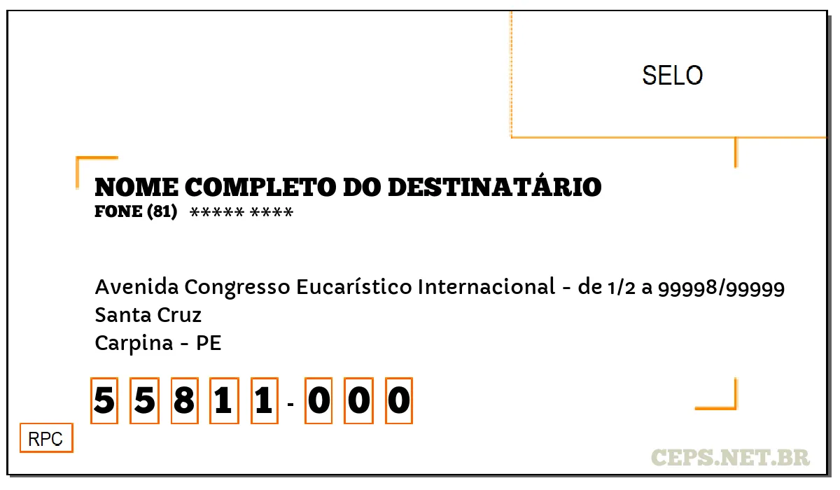 CEP CARPINA - PE, DDD 81, CEP 55811000, AVENIDA CONGRESSO EUCARÍSTICO INTERNACIONAL - DE 1/2 A 99998/99999, BAIRRO SANTA CRUZ.