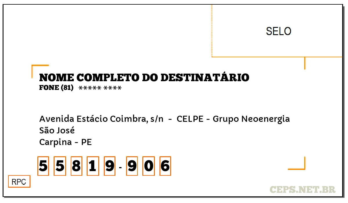 CEP CARPINA - PE, DDD 81, CEP 55819906, AVENIDA ESTÁCIO COIMBRA, S/N , BAIRRO SÃO JOSÉ.