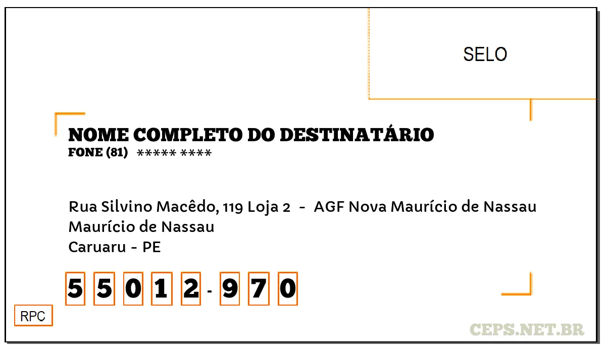 CEP CARUARU - PE, DDD 81, CEP 55012970, RUA SILVINO MACÊDO, 119 LOJA 2 , BAIRRO MAURÍCIO DE NASSAU.