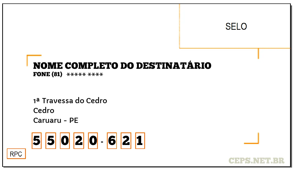 CEP CARUARU - PE, DDD 81, CEP 55020621, 1ª TRAVESSA DO CEDRO, BAIRRO CEDRO.