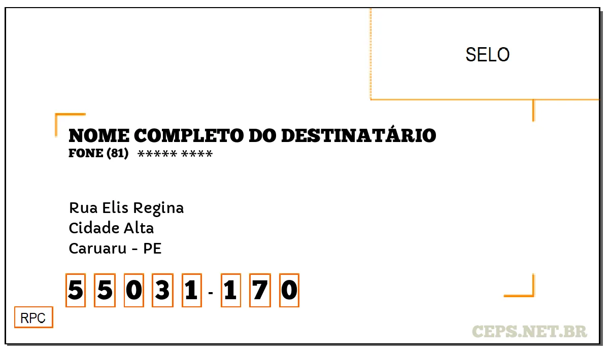 CEP CARUARU - PE, DDD 81, CEP 55031170, RUA ELIS REGINA, BAIRRO CIDADE ALTA.