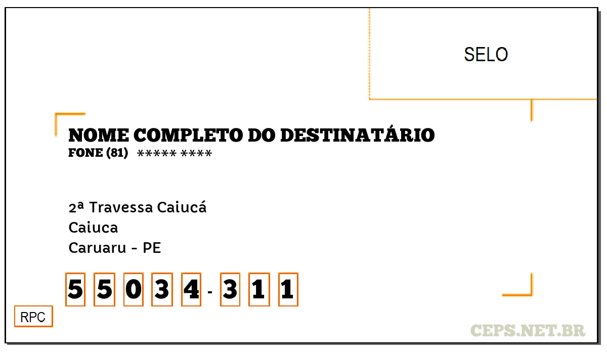 CEP CARUARU - PE, DDD 81, CEP 55034311, 2ª TRAVESSA CAIUCÁ, BAIRRO CAIUCA.