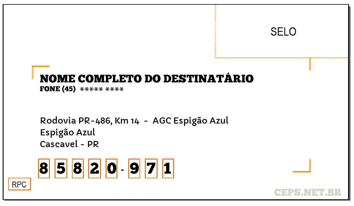 CEP CASCAVEL - PR, DDD 45, CEP 85820971, RODOVIA PR-486, KM 14 , BAIRRO ESPIGÃO AZUL.