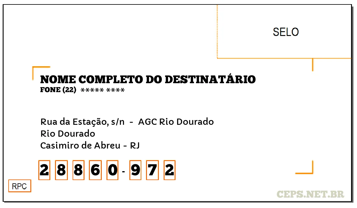 CEP CASIMIRO DE ABREU - RJ, DDD 22, CEP 28860972, RUA DA ESTAÇÃO, S/N , BAIRRO RIO DOURADO.