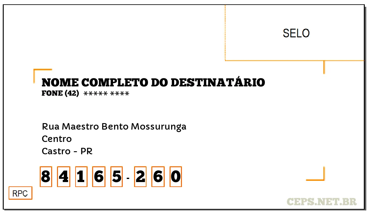 CEP CASTRO - PR, DDD 42, CEP 84165260, RUA MAESTRO BENTO MOSSURUNGA, BAIRRO CENTRO.