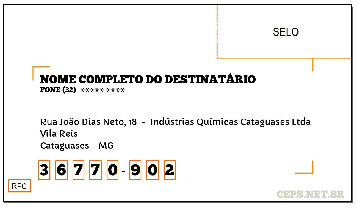 CEP CATAGUASES - MG, DDD 32, CEP 36770902, RUA JOÃO DIAS NETO, 18 , BAIRRO VILA REIS.