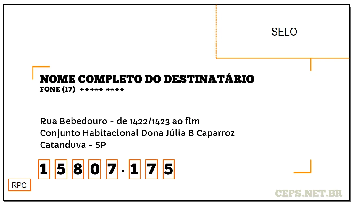 CEP CATANDUVA - SP, DDD 17, CEP 15807175, RUA BEBEDOURO - DE 1422/1423 AO FIM, BAIRRO CONJUNTO HABITACIONAL DONA JÚLIA B CAPARROZ.