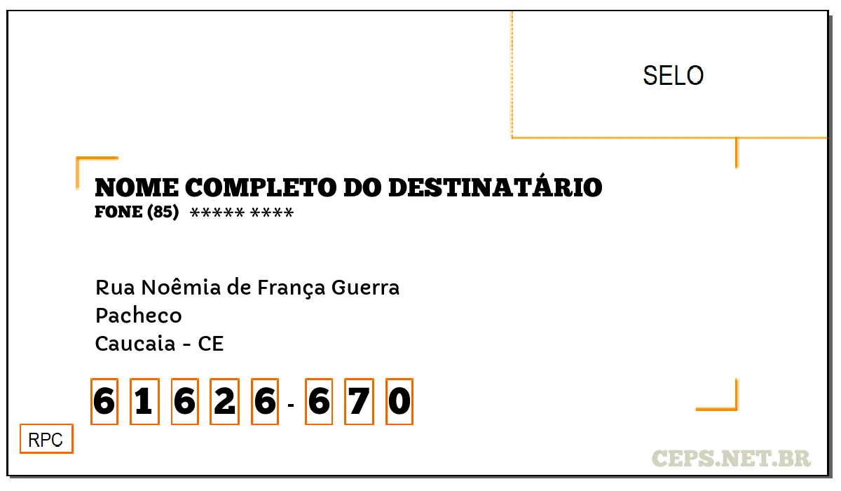 CEP CAUCAIA - CE, DDD 85, CEP 61626670, RUA NOÊMIA DE FRANÇA GUERRA, BAIRRO PACHECO.