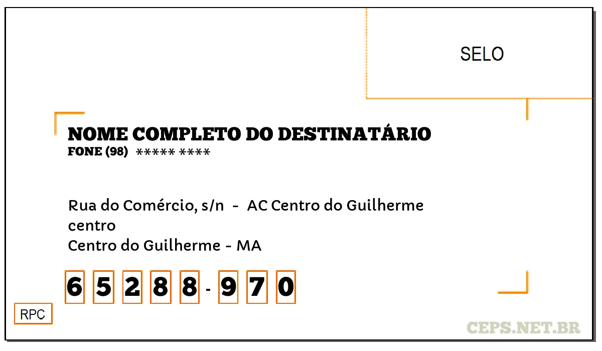 CEP CENTRO DO GUILHERME - MA, DDD 98, CEP 65288970, RUA DO COMÉRCIO, S/N , BAIRRO CENTRO.