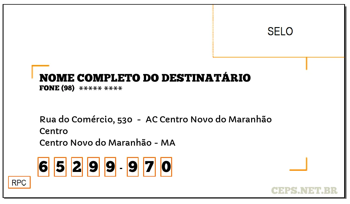 CEP CENTRO NOVO DO MARANHÃO - MA, DDD 98, CEP 65299970, RUA DO COMÉRCIO, 530 , BAIRRO CENTRO.