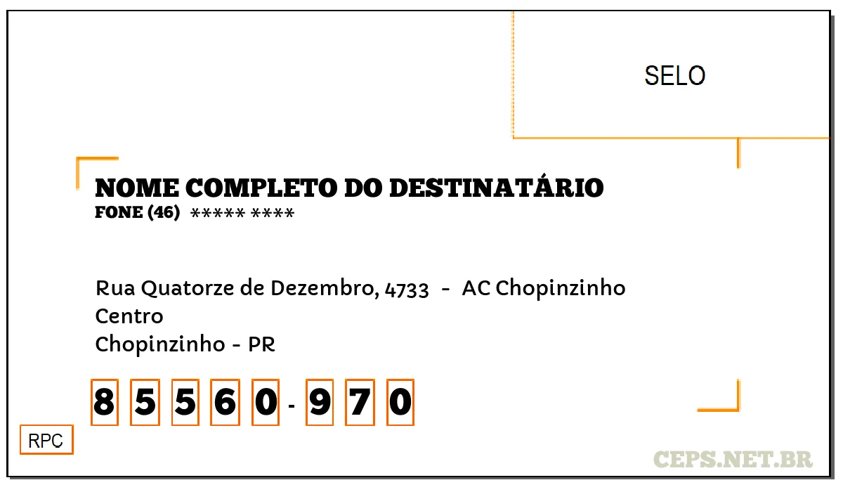 CEP CHOPINZINHO - PR, DDD 46, CEP 85560970, RUA QUATORZE DE DEZEMBRO, 4733 , BAIRRO CENTRO.