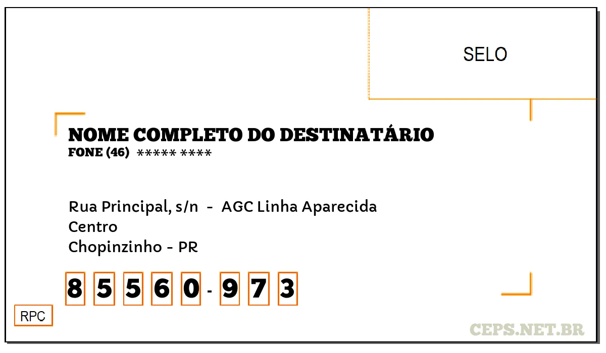 CEP CHOPINZINHO - PR, DDD 46, CEP 85560973, RUA PRINCIPAL, S/N , BAIRRO CENTRO.