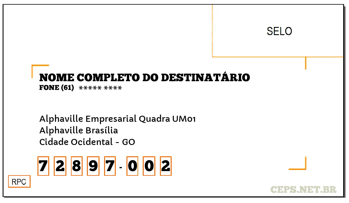 CEP CIDADE OCIDENTAL - GO, DDD 61, CEP 72897002, ALPHAVILLE EMPRESARIAL QUADRA UM01, BAIRRO ALPHAVILLE BRASÍLIA.