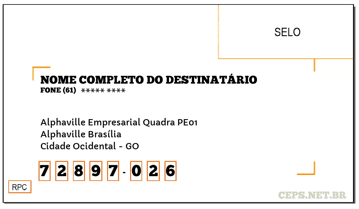 CEP CIDADE OCIDENTAL - GO, DDD 61, CEP 72897026, ALPHAVILLE EMPRESARIAL QUADRA PE01, BAIRRO ALPHAVILLE BRASÍLIA.